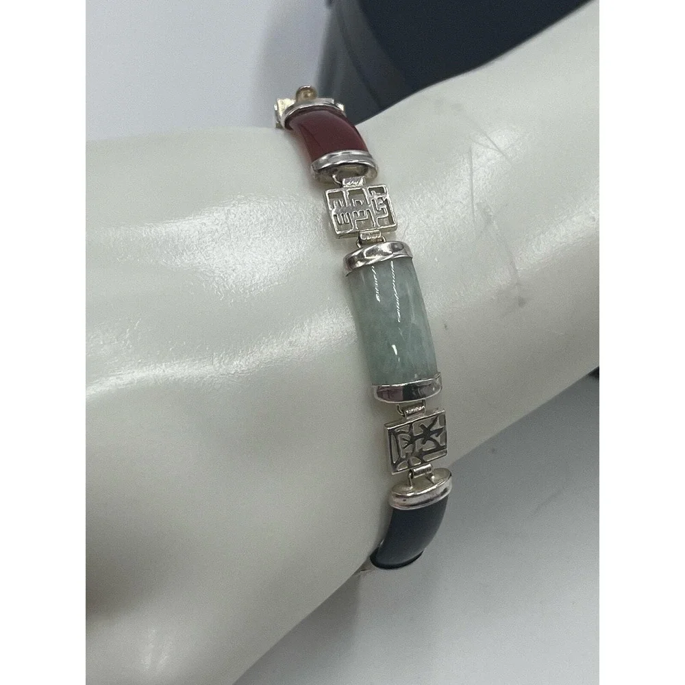 Vintage 1960's Signed Chinese Jadeite Sterling Panel Link Bracelet 7.5